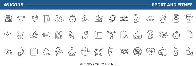 Sport and Fitness set of web icons in line style. Gym and health care. Healthy lifestyle icons. Nutrition and dieting, training, body care, healthy food, workout, muscle, and weight. Editable Stroke