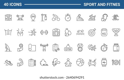 Sport and Fitness set of web icons in line style. Gym and health care. Healthy lifestyle icons. Nutrition and dieting, training, body care, healthy food, workout, muscle, and weight. Editable Stroke