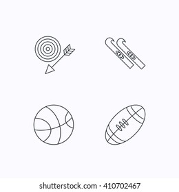 Sport fitness, skis and basketball icons. American footbal linear sign. Flat linear icons on white background. Vector