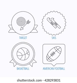 Sport fitness, skis and basketball icons. American footbal linear sign. Award medal, star label and speech bubble designs. Vector