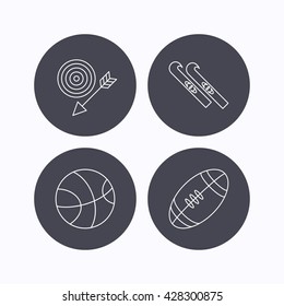 Sport fitness, skis and basketball icons. American footbal linear sign. Flat icons in circle buttons on white background. Vector