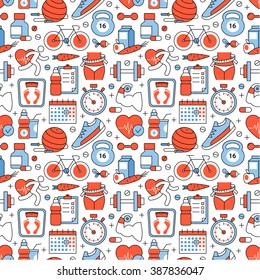 Sport, fitness and slimming icons square seamless pattern. For store sales decoration. Thin line art flat objects texture illustration.