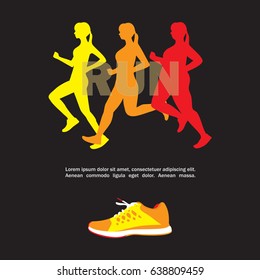 Sport and fitness template with running women on different stages of weight loss and sneaker vector illustration