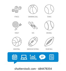 Sport fitness, tennis and basketball icons. Baseball, skis and American footbal signs. Rugby, swimming or pilates ball icons. Report file, Graph chart and Chat speech bubble signs. Vector
