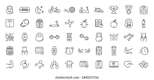 Sport and fitness thin line icons set. Collection of symbols of a healthy lifestyle, healthcare. Gym.