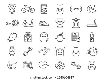 Sport and fitness thin line icons set. Collection of symbols of a healthy lifestyle, healthcare. Gym.