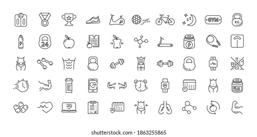 Sport and fitness thin line icons set. Collection of symbols of a healthy lifestyle, healthcare. Gym.