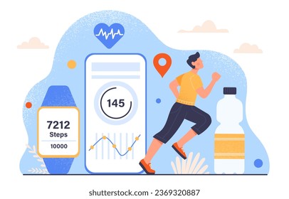 Sport fitness tracker concept. Man runs against near smart watch and smartphone. Gadgets and devices, modern technologies. Active lifestyle and sports, training. Cartoon flat vector illustration svg