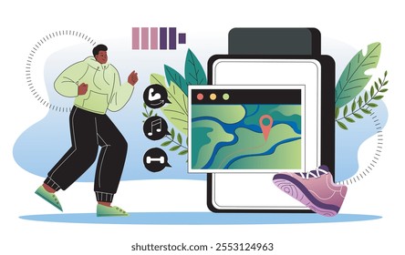 Rastreador de fitness esportivo. Homem corre perto de relógios inteligentes enormes. Estilo de vida ativo e esportes, treinamento cardio. Corrida e maratona. Ilustração de vetor plano isolada no plano de fundo branco