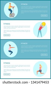 Sport and fitness trainings tips online web page vector. Exercise bike and bending over with ball, squats and lunges with dumbbells, workout plan