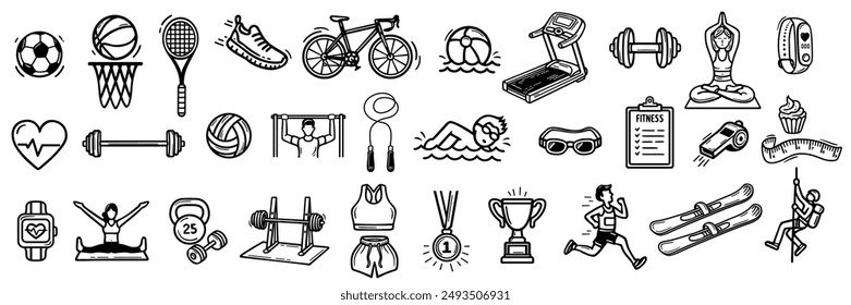 Sport and Fitness Vector Icon Collection. A set of icons related to football, medals, the gym, competitions, basketball, trophies, and more. Vector illustration.