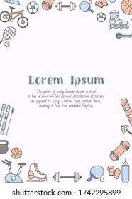 Sport and fitness - vertical card with text and vector color illustrations of bicycle, ball, ski, snowboard, skates, scooter, skateboard and etc. for graphic design