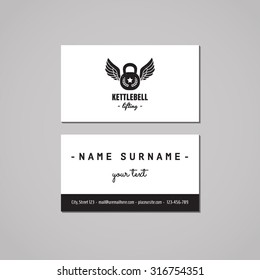 Sport & fitness vintage business card design concept. Logo with kettle bell and wings. Vintage, hipster and retro style. Black and white.