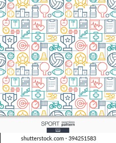 Sport and fitness wallpaper. Game connected seamless pattern. Tiling textures with thin line integrated web icons set. Vector illustration. Abstract background for mobile app, website, presentation.