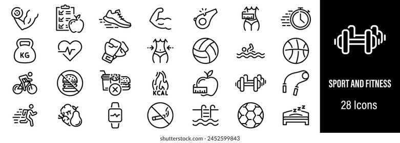 Sport and Fitness Web Icons. Gym, Fitness Exercise, Diet, Nutrition, Body Care. Vector in Line Style Icons