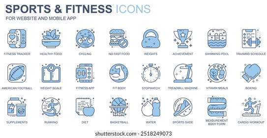 Sport and fitness web icons set in duotone line design. Pack of tracker, healthy food, cycling, no fast food, swimming pool, training schedule, other outline stroke pictograms. Vector illustration