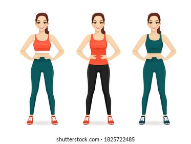 Sport fitness woman in different sportswear set isolated vector illustration