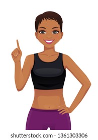 Sport fitness woman pointing up isolated vector illustration