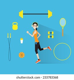 sport fitness woman run exercise workout girl flat icon vector illustration