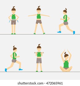 Sport Fitness Woman Set Exercise Workout Girl Flat Icon Vector Illustration
