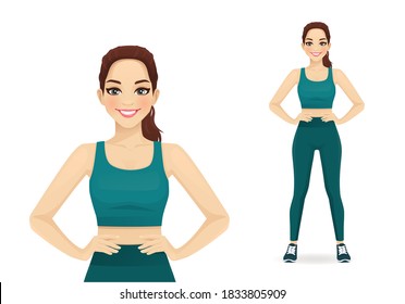 Sport fitness woman in sportswear standing isolated vector illustration