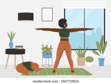 Sport fitness workout at home vector illustration. Cartoon active young sportive woman character in sportswear training, doing gymnastic exercise, practicing gymnastics in home interior background