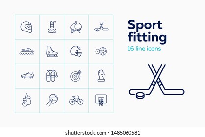 Sport fitting icon set. Set of line icons on white background. Sport concept. T-shirt, rugby, bicycle. Vector illustration can be used for topics like hockey, football, sport