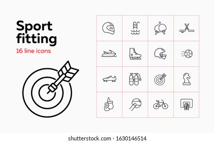 Sport fitting icon set. Set of line icons on white background. Sport concept. T-shirt, rugby, bicycle. Vector illustration can be used for topics like hockey, football, sport