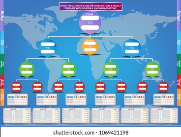 Sport fixture and result template for final round 24 teams group stage competition and world map background. Vector EPS10