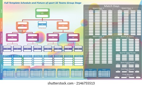 Estructura deportiva y plantilla de resultados para la ronda final de 32 equipos, competición de escenario de grupo y plan de horario de partidos con fondo colorido. EPS10 vectores
