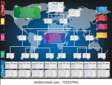 Sport fixture and result template for final round 32 teams competition and schedule live television broadcasting. Vector EPS10