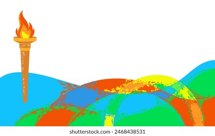 Antorcha deportiva llameante con coloridas rayas onduladas. Anuncio del campeonato de Vector, triunfo de la competición simbólica, atlético, campeón, vencedor del juego deportivo. Abstractas fondo colorido con onda.