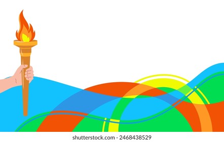 Antorcha deportiva en la mano con coloridas rayas onduladas. Anuncio del campeonato de Vector, triunfo de la competición simbólica, atlético, campeón, vencedor del juego deportivo. Abstractas fondo colorido con onda.