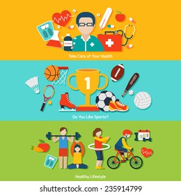 Sport flat banners set with health care and healthy lifestyle elements isolated vector illustration