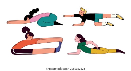 Sport-Flache Charaktere Sport einzeln auf weißem Hintergrund. Stretching, Yoga, Sport zu Hause in Farbe. Doodle-Stil in Farbe. Minimalistisches Design.