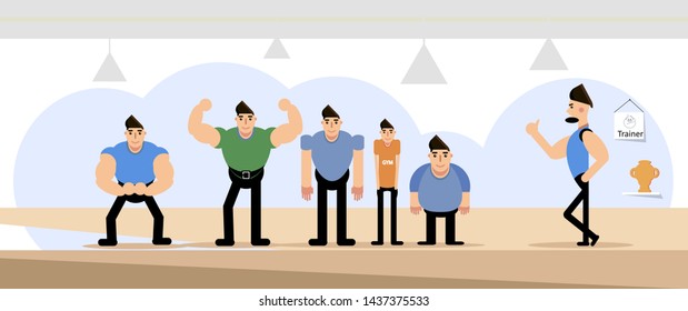 Sport flat concept. Gym interior with men and trainer. 