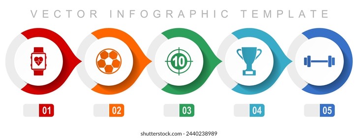 Sport flat design infographic template, miscellaneous symbols such as smartwatch, football, darts, cup and fitness, vector icons collection