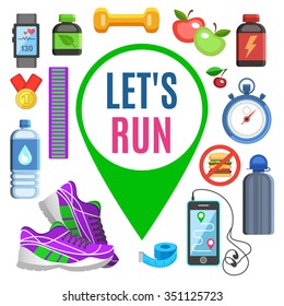 Sport flat icons, jogging and running kit elements. Sport concept, vector illustration