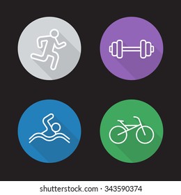 Sport flat linear icons set. Running man, gym workout symbol, swimmer and bicycle pictograms. Athletic activity. Long shadow outline logo concepts. Line art illustrations on color circles. Vector