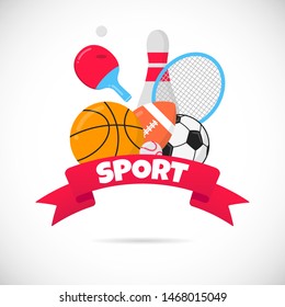 Sport flat style design equipment poster vector illustration with balls - soccer, football, basketball. Bowling pin, tennis and ping pong racket, big red ribbon and text space isolated on white.