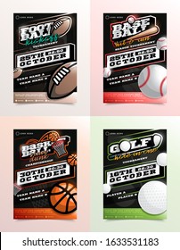 Sport Flyer Ad Set Vector. Football, Golf, Baseball, Basketball Emblem Logo. Design For Sport Bar Promotion Template. Modern Tournament. A4 Size. Championship Flyer Illustration.