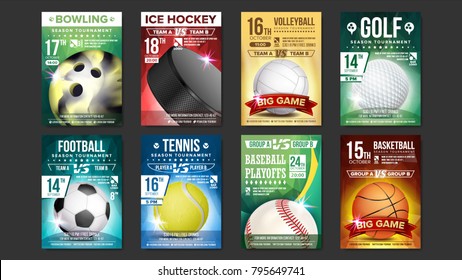 Sport Flyer Ad Set Vector. Golf, Baseball, Ice Hockey, Bowling, Basketball, Tennis, Soccer. Design For Sport Bar Promotion Template. Modern Tournament. A4 Size. Championship Flyer Illustration
