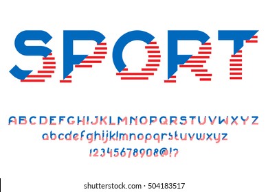 Sport Font. Alphabet Letters Set With American Flag Colors And Stripes. Vector Design For Sportswear, Poster, Labels