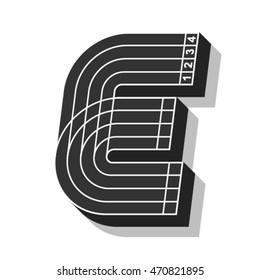 Sport font, letter E, running track, vector.