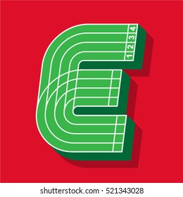 Sport font, letter E, running track, vector.