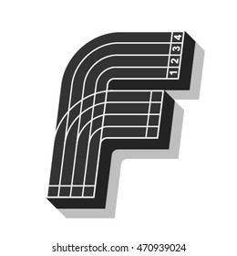 Sport font, letter F, running track, vector.