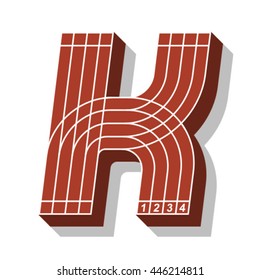 Sport font, letter K, running track, vector.