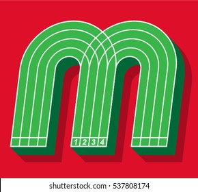 Sport font, letter M, running track, vector.