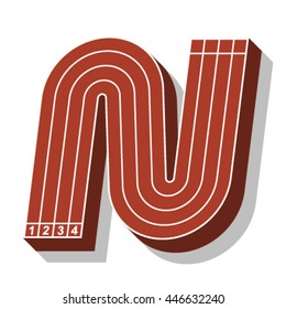 Sport font, letter N, running track, vector.