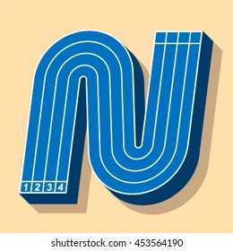 Sport font, letter N, running track, vector.